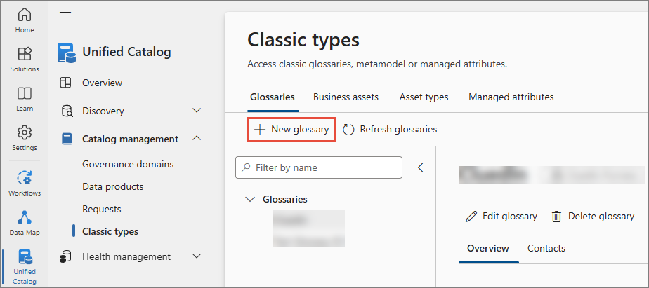 Microsoft Purview Unified Catalog, Classic types page on the Glossaries tab, with the New glossary button highlighted